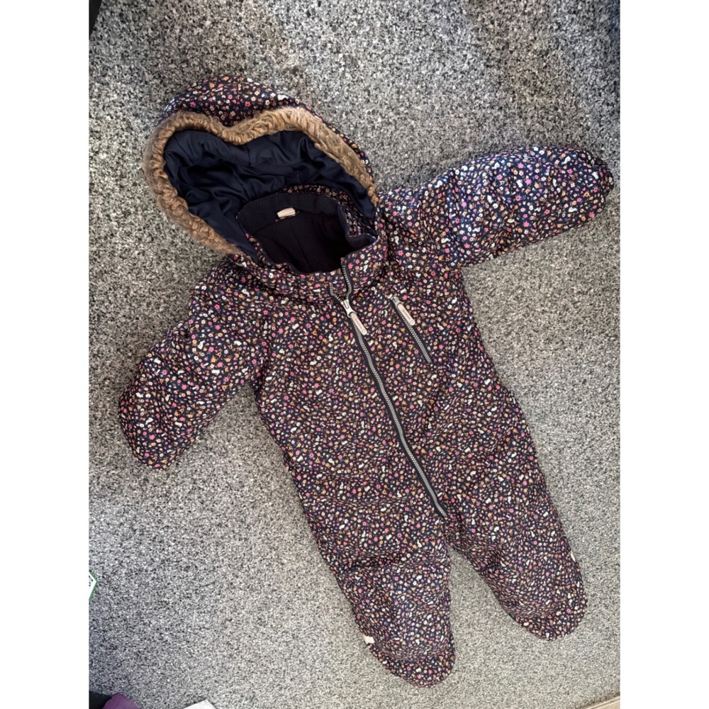 HM Kids Girls Navy Floral Rabbit Snowsuit Faux Fur Hood 4T 104 Puffer Bunting
